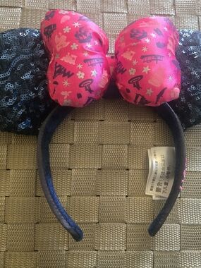 Disney Sequin Mouse Ears With Pink Jungle Cruise, Pirates, And Attractions Print
